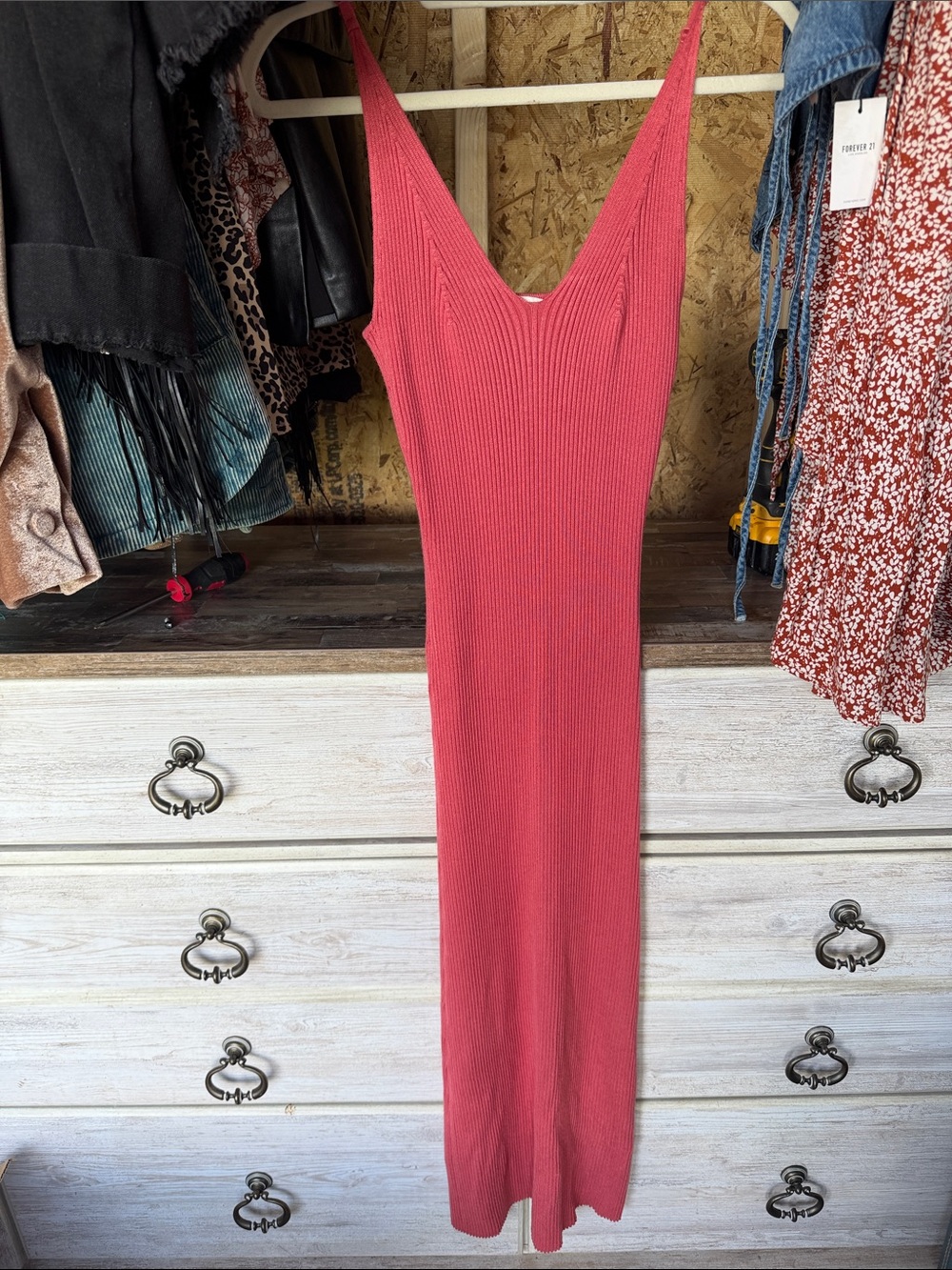 Ribbed V-Neck Midi Dress in Coral Red